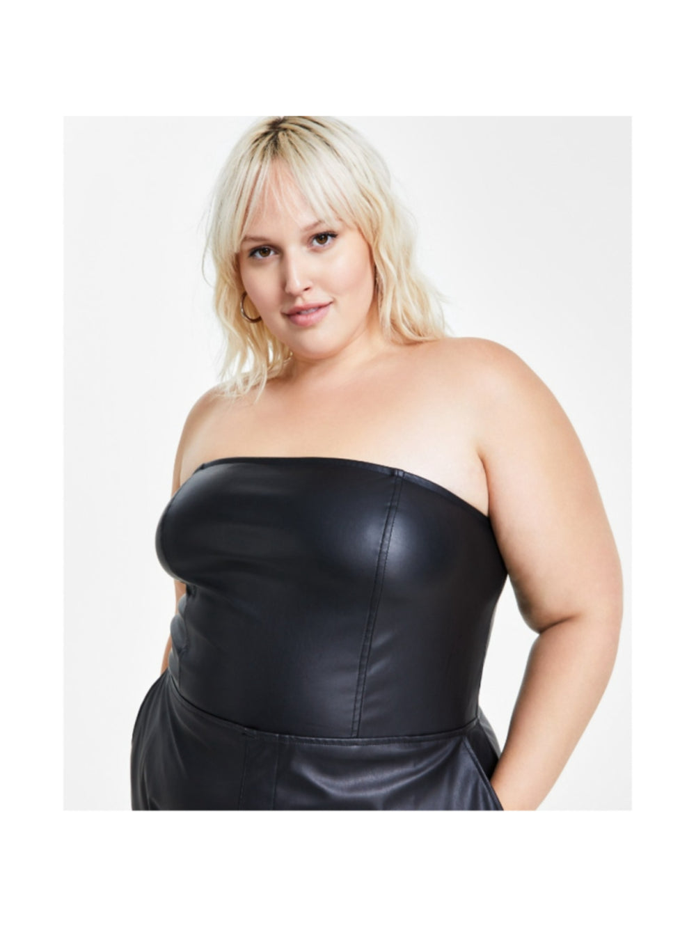 Bar III Women's Plus Size 14W Black Strapless Faux-Leather Jumpsuit NWT