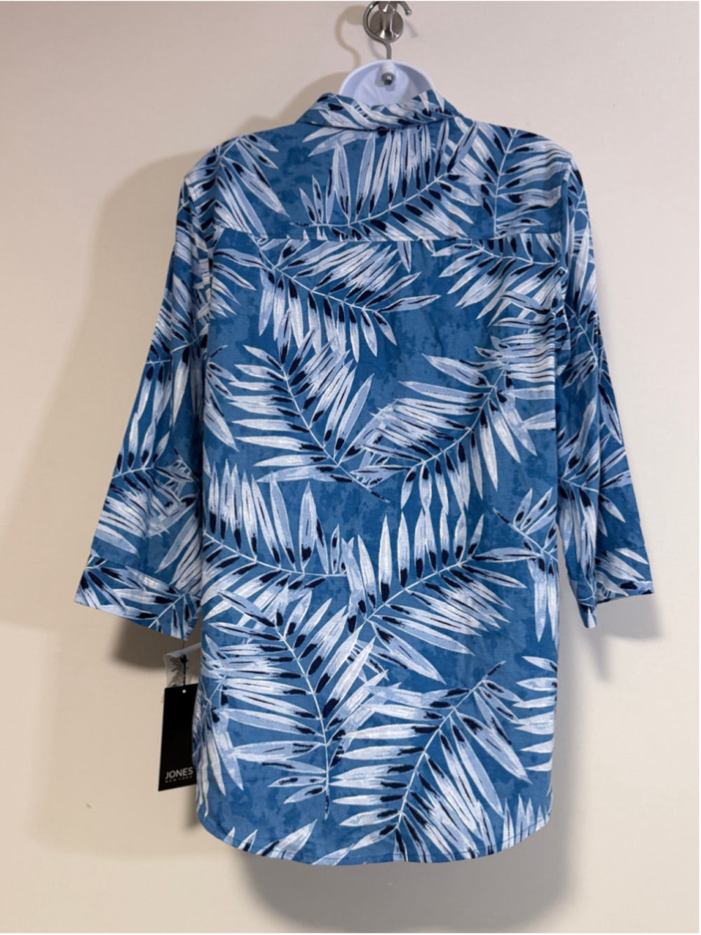 Jones New York Small Button Down Blue Tropical Printed Linen Blend Blouse NWT