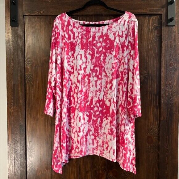 JM Collection Women's XL White & Pink Ikat Floral Jacquard 3/4-Sleeve Top NWT.