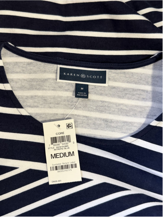 Karen Scott Women's Medium Navy & White Striped 3/4 Sleeve Top T-Shirt NWT
