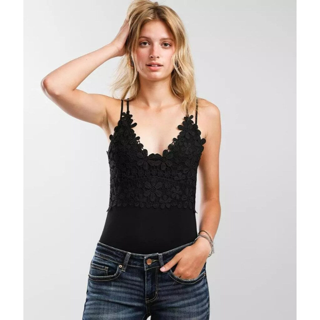 SHEIN Women's Medium Black Floral Bodysuit Tank Top Sleeveless One-Piece NIB