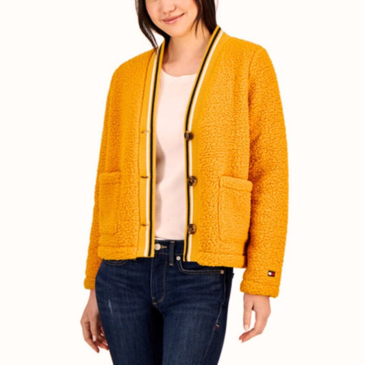 Tommy Hilfiger Women's XS Orange Fuzzy V-Neck Button Cardigan Sweater NWOT