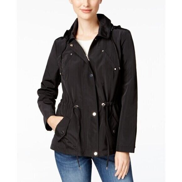 Charter Club Petite Black Hooded Anorak Rain Jacket Drawstring Waist NWT