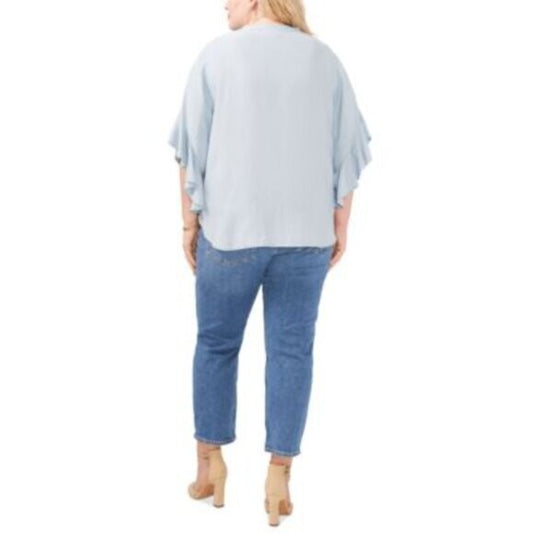 VINCE CAMUTO Plus Size Light Blue Split Neck Ruffle Sleeve Top NWT