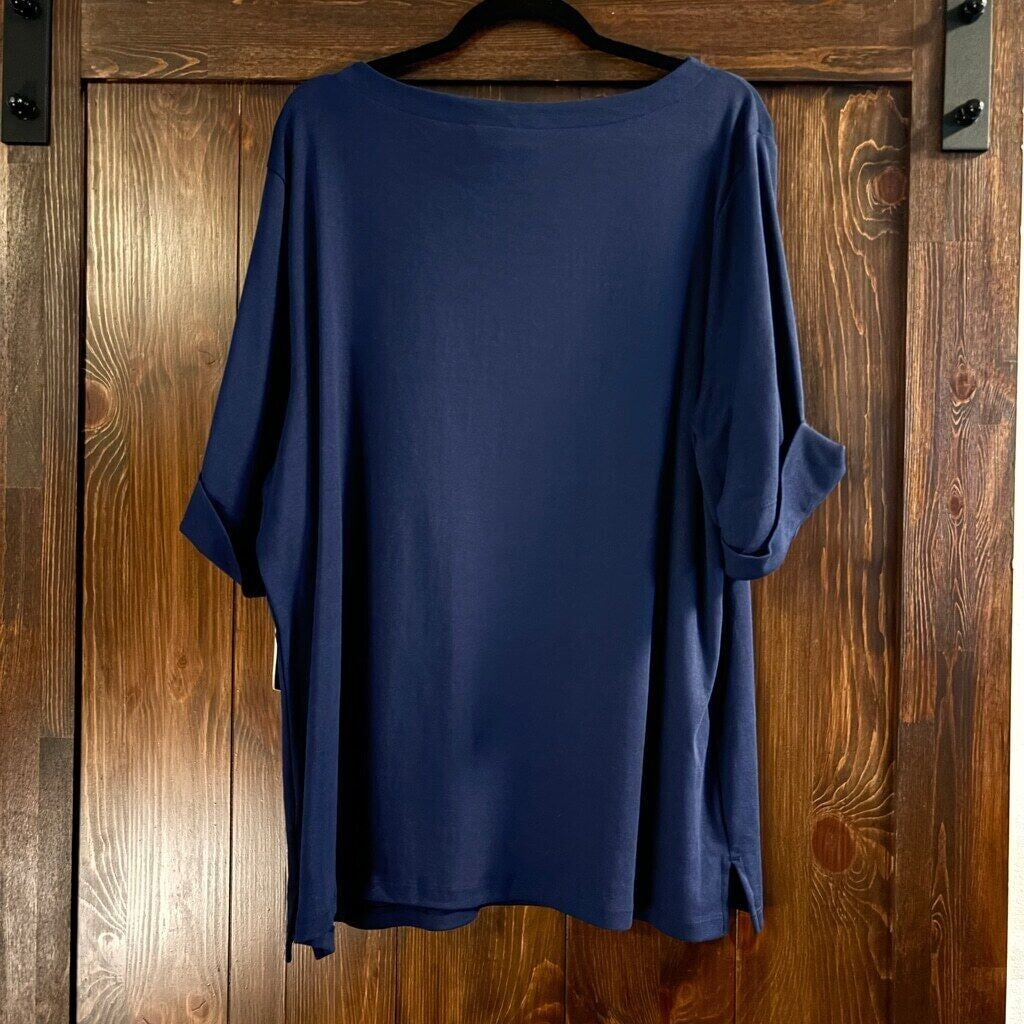 Karen Scott Plus Size Navy Blue 100% Cotton Elbow-Sleeve Top NWT.