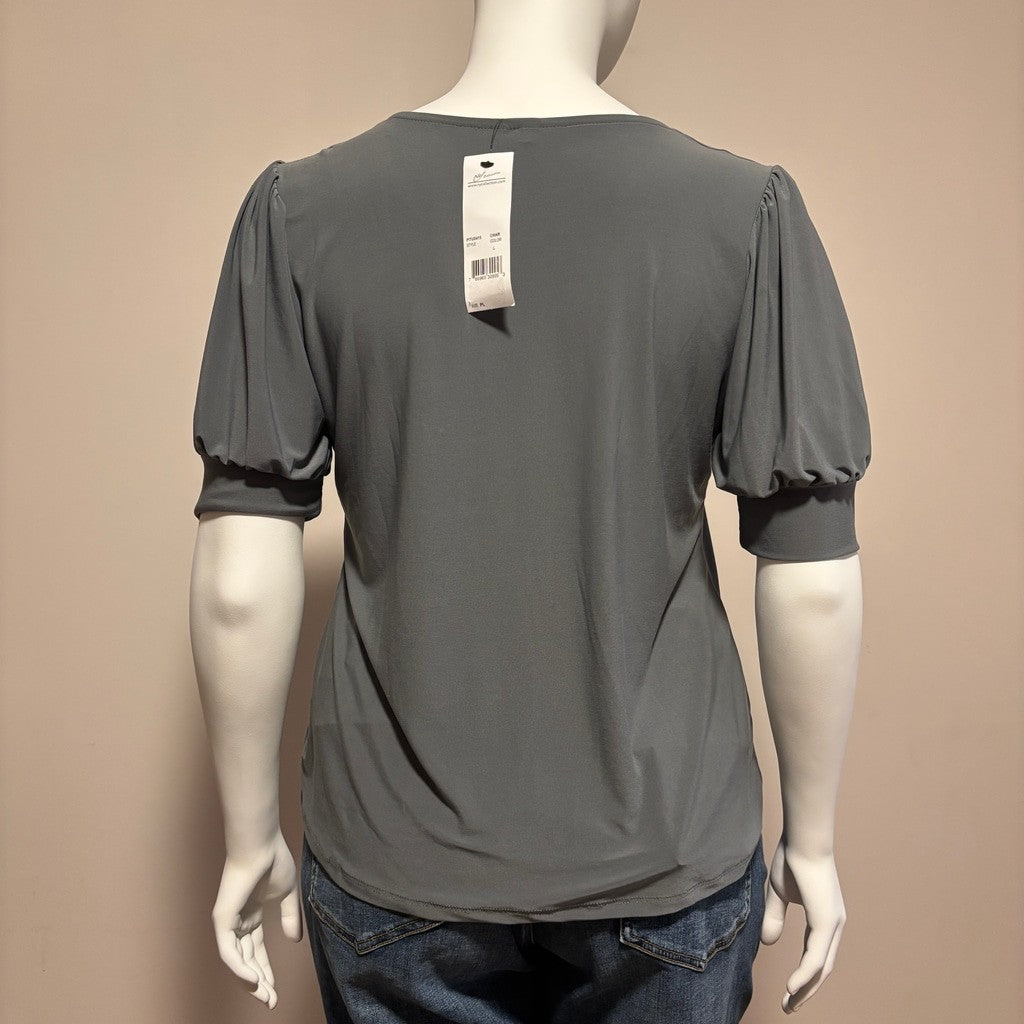 NY Collection Women's Petite Large Charcoal Grey Pleated Blouse NWT