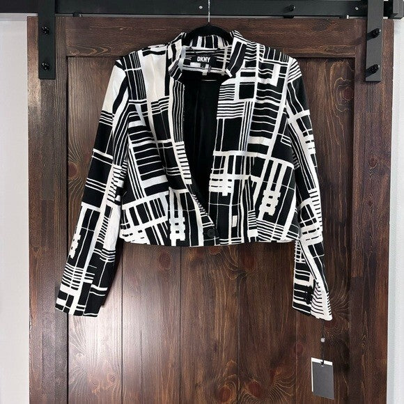 DKNY Women's Star Neck One-Button Jacket, White and Black NWT
