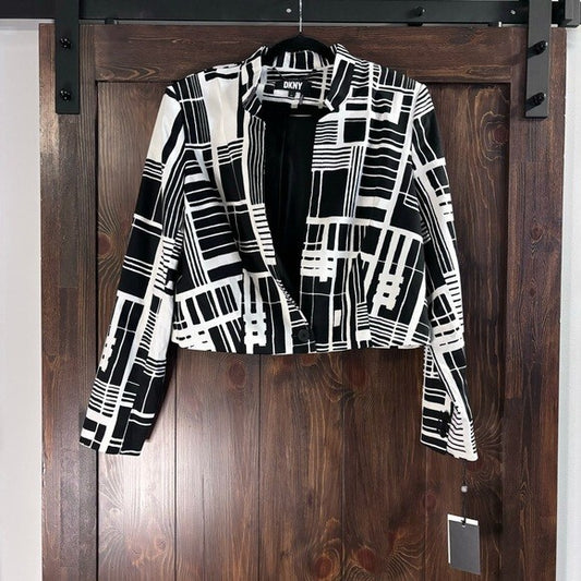 DKNY Women's Star Neck One-Button Jacket, White and Black NWT