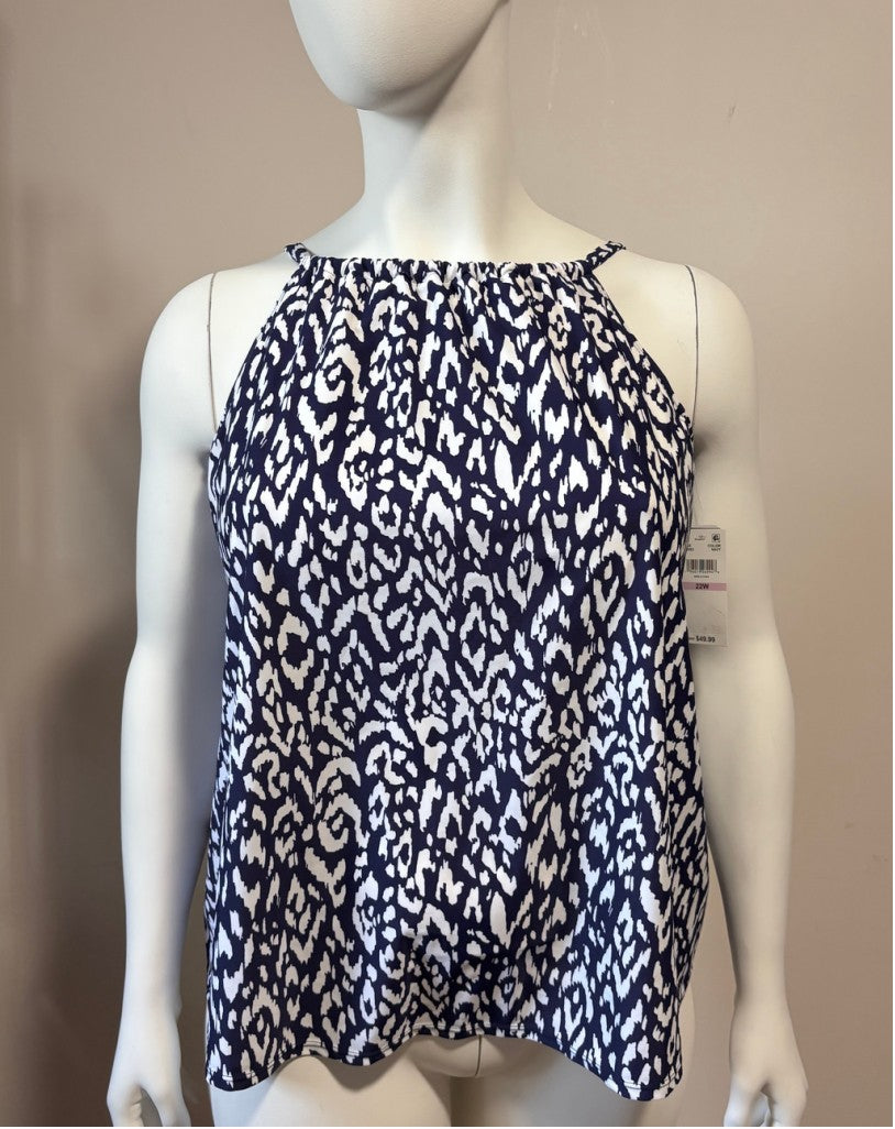 Island Escape Plus Size 22W Blue & White Cali Printed Tankini Top NWT