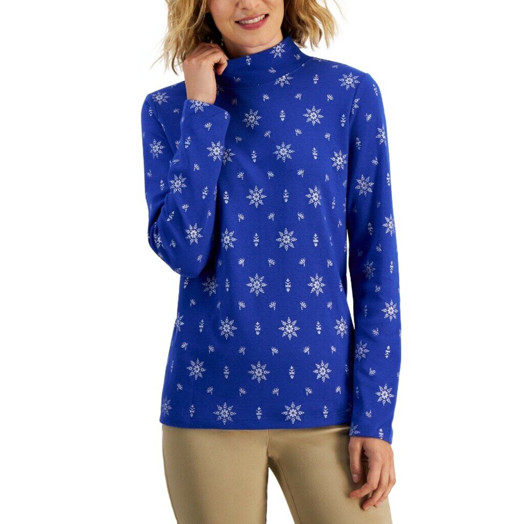 Karen Scott Women's Petite Blue Mock-Neck Top with Sparkly Snowflakes NWT