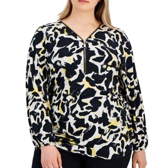JM Collection Plus Size 2X White, Black & Yellow Printed Zip-Front Top NWT
