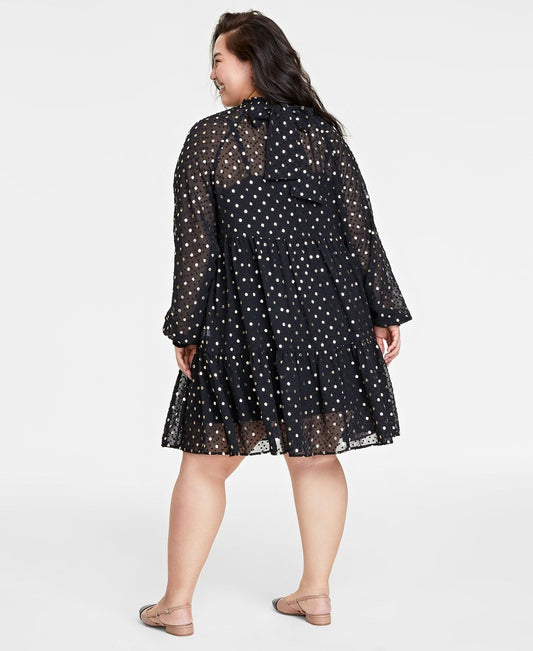 ON 34th Women's Large Black & Metallic Gold Dot Tiered Sheer Dress NWT