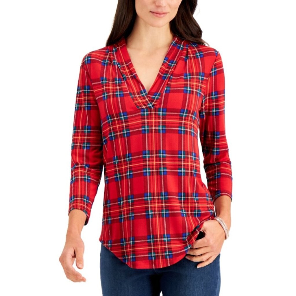 Charter Club Women's Red Traditional Plaid Pleated V-Neck Top NWT