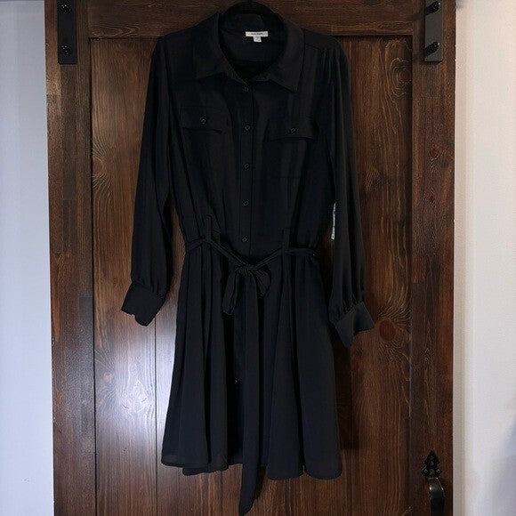 On 34th Plus Size Long-Sleeve Belted Black Shirtdress NWT