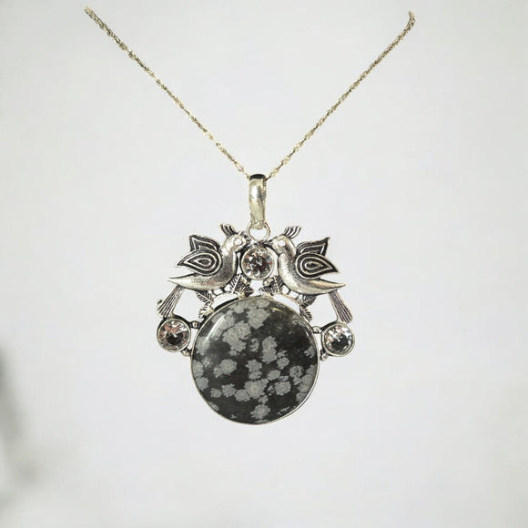 Snowflake Obsidian Crystal Necklace 925 Silver Plated Pendant Size 2" NWT