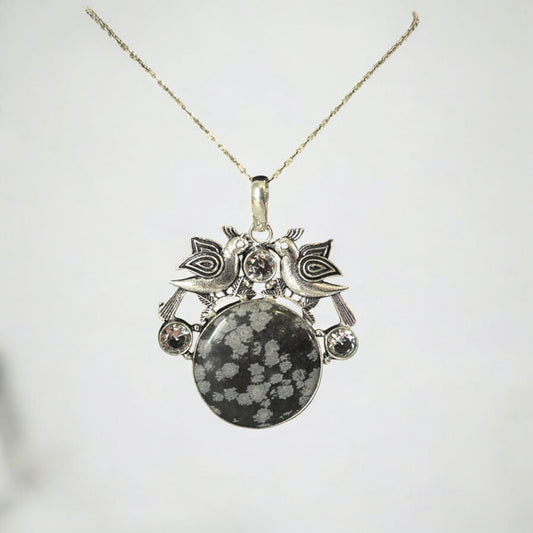 Snowflake Obsidian Crystal Necklace 925 Silver Plated Pendant Size 2" NWT