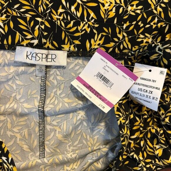KASPER Plus Size Black and Yellow Leaf-Print Pull-On Midi Skirt NWT