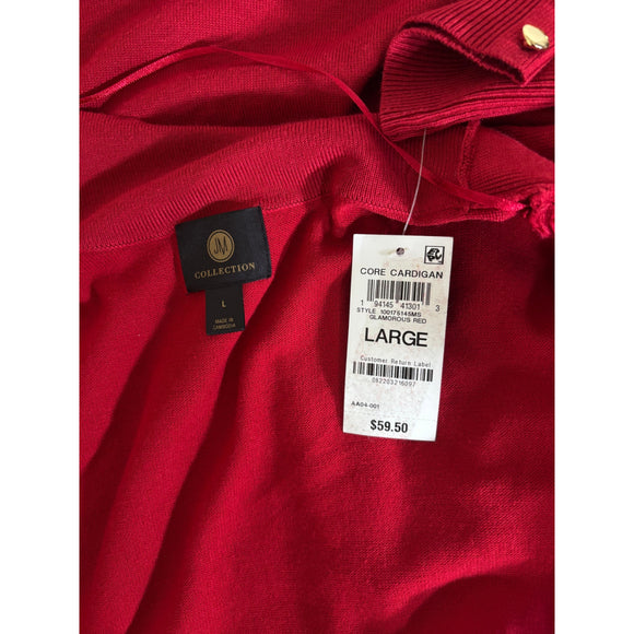 JM Collection Large Red Open Front Long Cardigan Gold Button Sleeve NWT