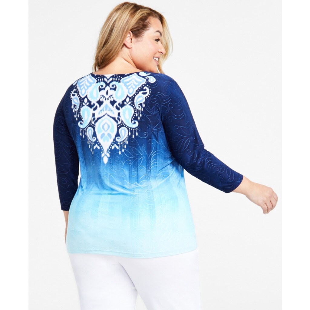 JM Collection Women's Plus Size 0X Gradient Blue Ikat Jacquard Top NWT