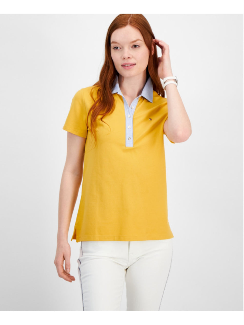 Tommy Hilfiger Extra Small Yellow & Striped-Collar Polo Short Sleeve Top NWT