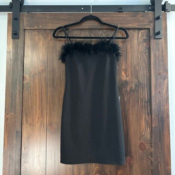 B DARLIN Black Strappy Feather-Trim Bodycon Mini Dress NWT