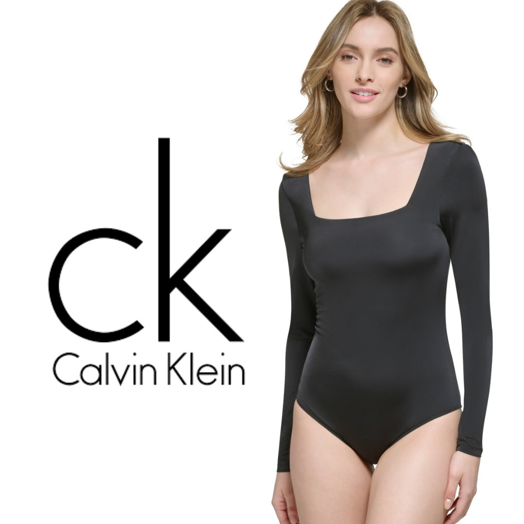 CALVIN KLEIN Women's Square-Neck Black Long Sleeved Bodysuit NWT