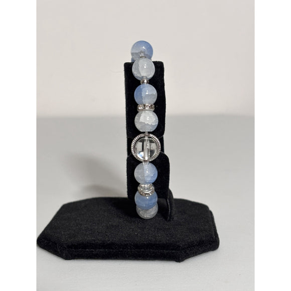 Blue Faceted Crackle Blue & Clear Bead Butterfly Charm Stretch Bracelet NWT