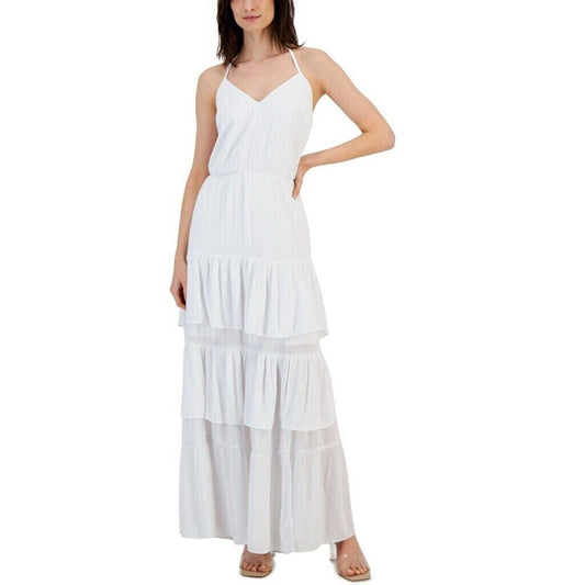 INC International Concepts White & Silver Halter-Neck Tiered Maxi Dress NWT