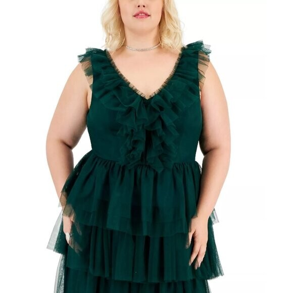 CITY STUDIOS Trendy Plus Size Dark Green Tulle Ruffle Fit & Flare Dress NWT