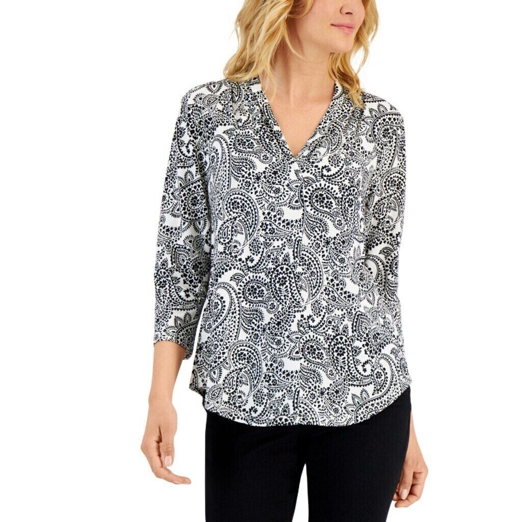 Charter Club Women's White & Black Bold Paisley Printed Top NWT