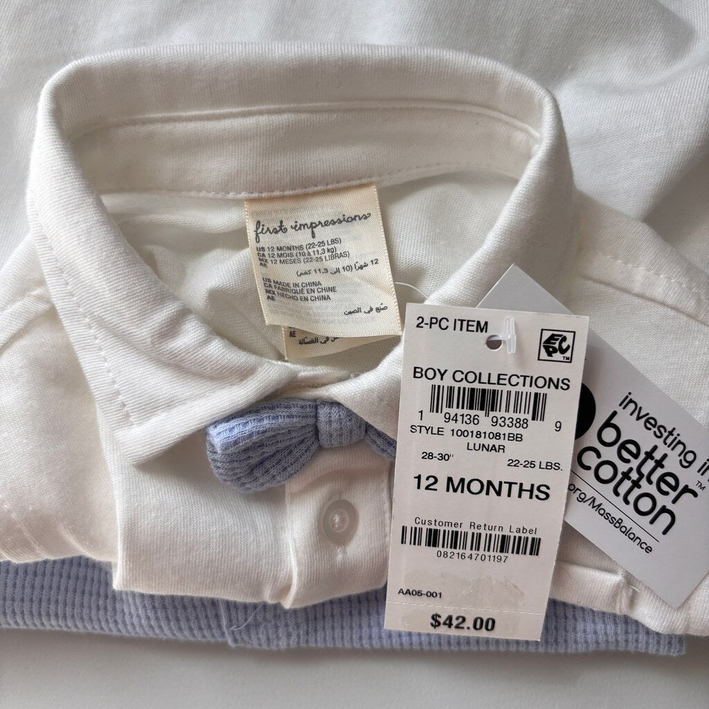 First Impressions 12M Baby Boys Button-Down Bowtie Shirt and Waffle Pants NWT