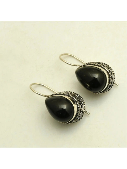 Black Onyx Gemstone 925 Plated Drop Antique Design Earrings 1.5 Inch Long NWT