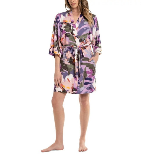 Linea Donatella Size Small Floral Print Soft Knit Wrap Robe in Violet NWT