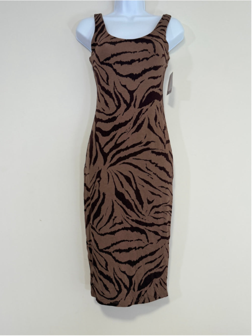 Bar III Petite Petite (XSP) Brown Zebra-Print Stretchy Bodycon Midi Dress NWT