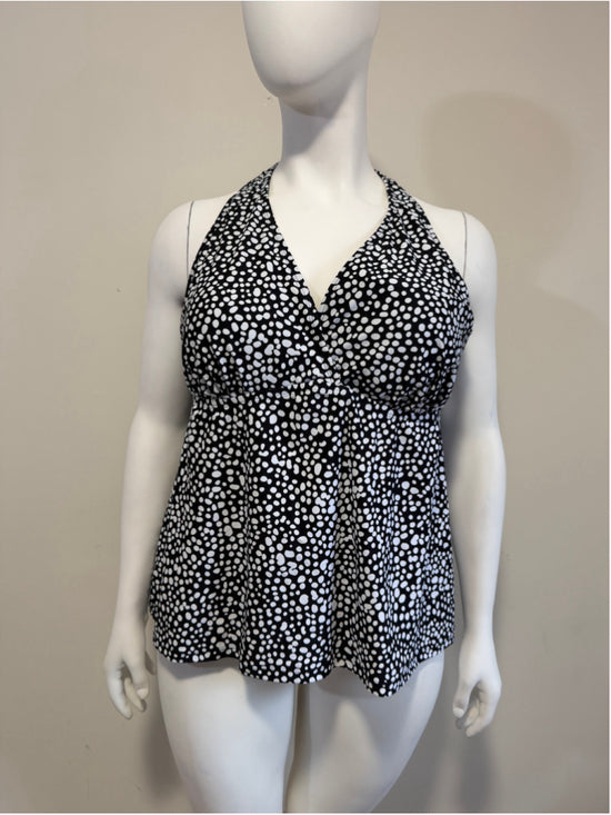 Island Escape 24W Plus Size Black & White Polka-Dot Halter Back Tankini NWT