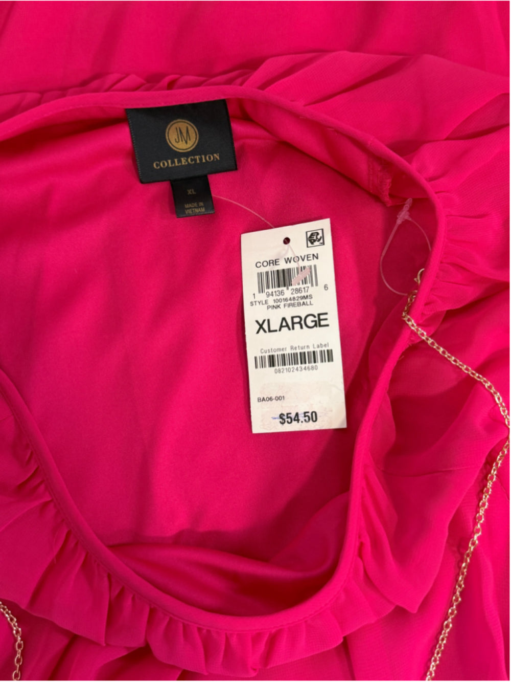JM Collection Women's XL Pink Tiered Bell Sleeve Necklace Blouse / Top NWT