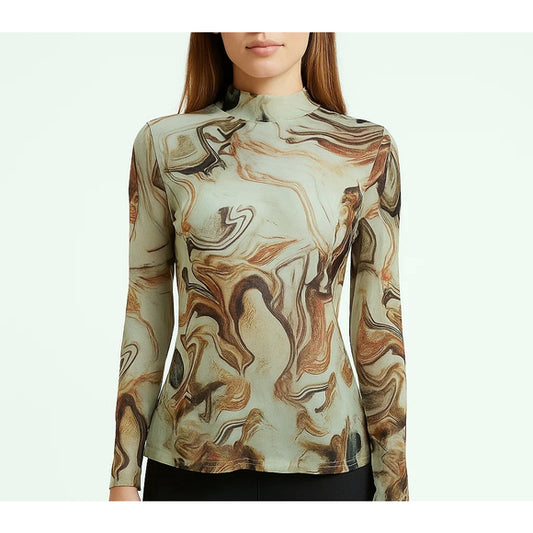 SHEIN Size Large Abstract Marble Print Mesh Long Sleeve Top NWT