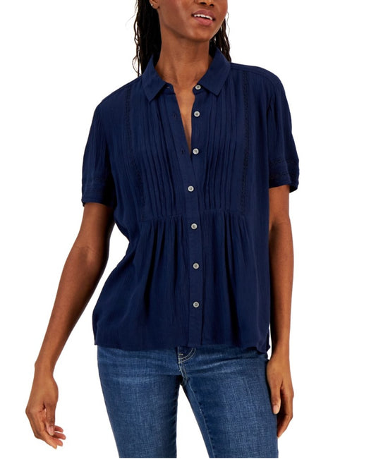 Style & Co Women's Petite Navy Blue Pintuck Short-Sleeve Button-Front Shirt NWT