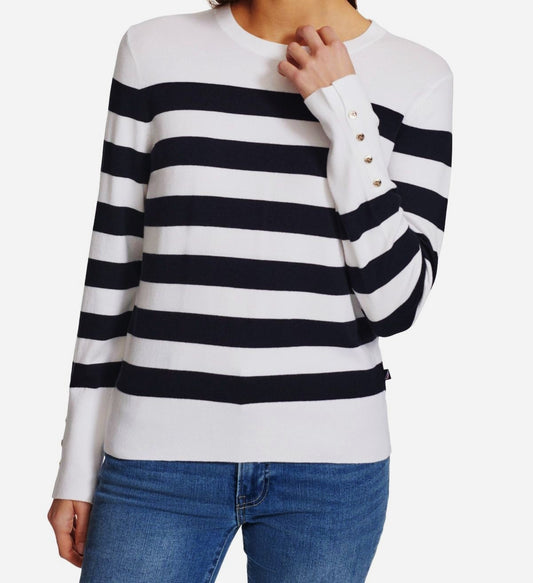 Nautica Jeans Women's Large Black & White Striped Button-Cuff Sweater NWT