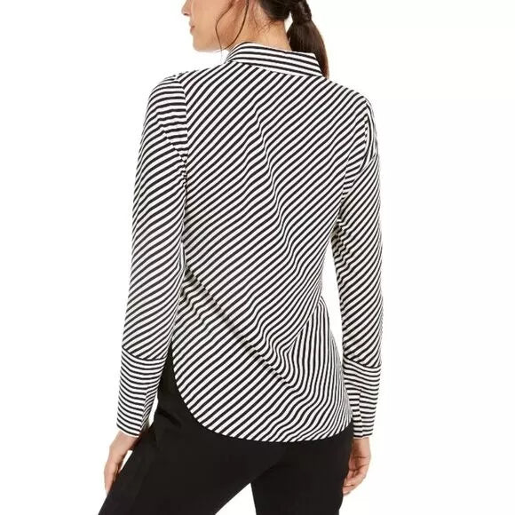 ANNE KLEIN Black and White Asymmetrical Striped Button Down Formal Shirt NWT
