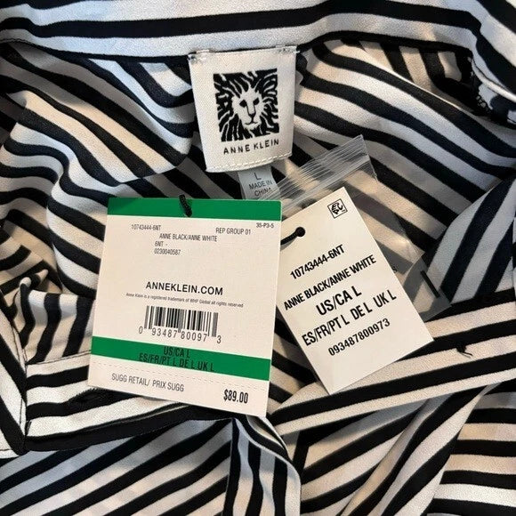 ANNE KLEIN Black and White Asymmetrical Striped Button Down Formal Shirt NWT