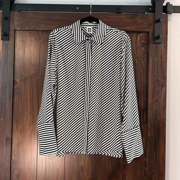ANNE KLEIN Black and White Asymmetrical Striped Button Down Formal Shirt NWT