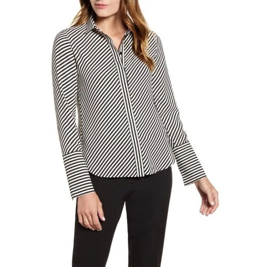 ANNE KLEIN Black and White Asymmetrical Striped Button Down Formal Shirt NWT