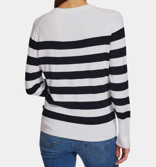 Nautica Jeans Women's Large Black & White Striped Button-Cuff Sweater NWT
