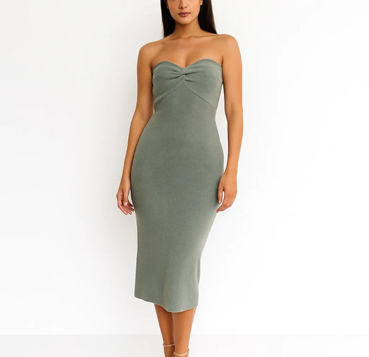 Bar III Women's Size Medium Strapless Twist-Detail Green Midi Sweater Dress NWT